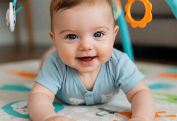 neonato a pancia in giù in tummy time che sorride