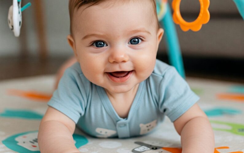 neonato a pancia in giù in tummy time che sorride