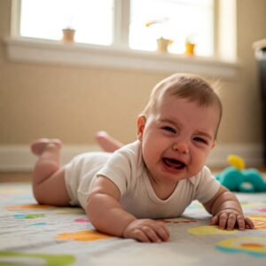 neonato a pancia in giù in tummy time che piange