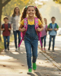 bambina felice che cammina con uno zaino sulla schiena