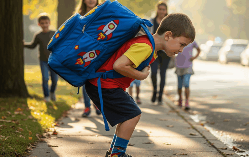 bambino dolorante che trasporta uno zaino molto pesante sulla schiena