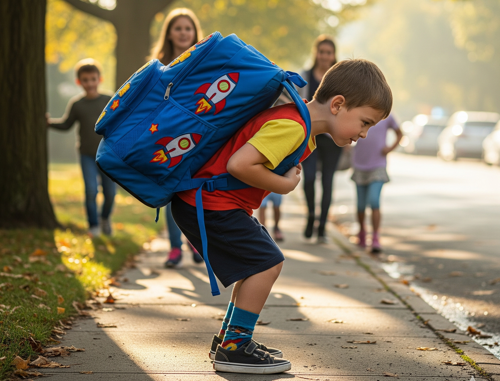 bambino dolorante che trasporta uno zaino molto pesante sulla schiena