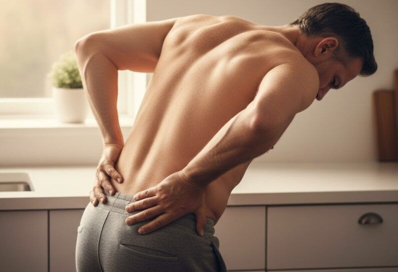 uomo piegato in avanti per dolore alla schiena lombare
