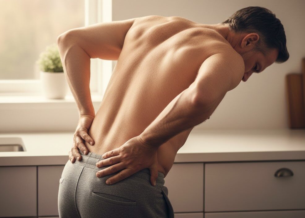 uomo piegato in avanti per dolore alla schiena lombare