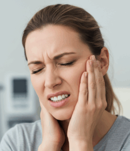 persona che si tocca la guancia e la cervicale per il dolore da serraggio dei denti