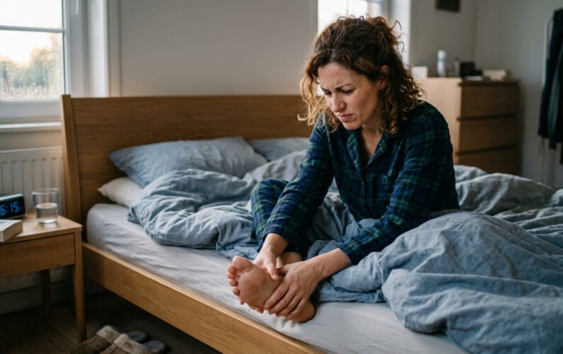 donna che si tocca il piede per il dolore da fascite plantare