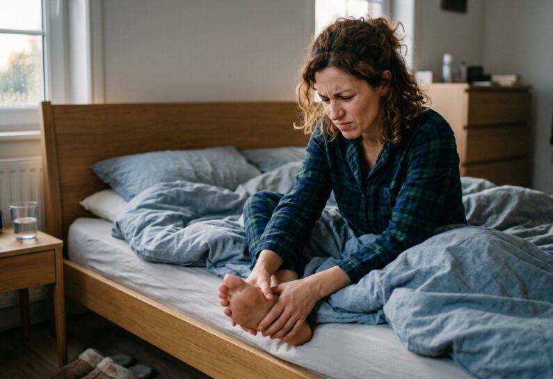 donna che si tocca il piede per il dolore da fascite plantare