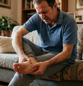 uomo che si tocca il piede per il dolore da fascite plantare